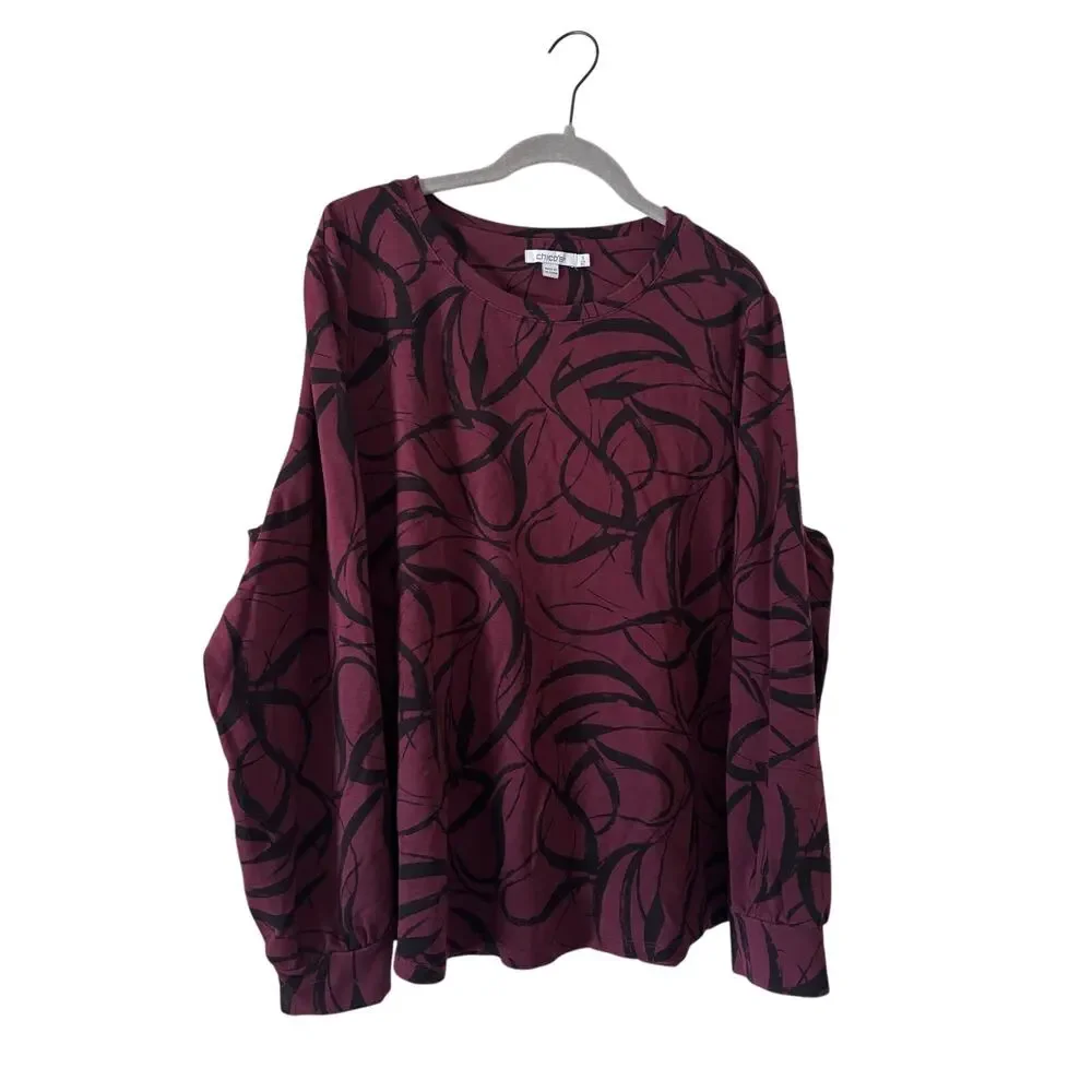 Chico’s Size 3 XL Burgundy Black Abstract Print Long Sleeve Knit Top Stretch - Picture 3 of 10